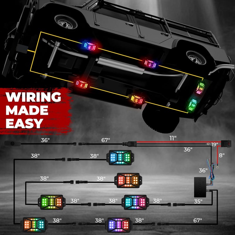 DITRIO 6 Pods Five Sided RGB Rock Lights for Trucks Jeep UTV SUV ATV Golf Cart, Multi Chasing Color App/Remote Control Led Rock Lights with Music Mode, Waterproof Exterior Underglow Kits for Cars - Image 5